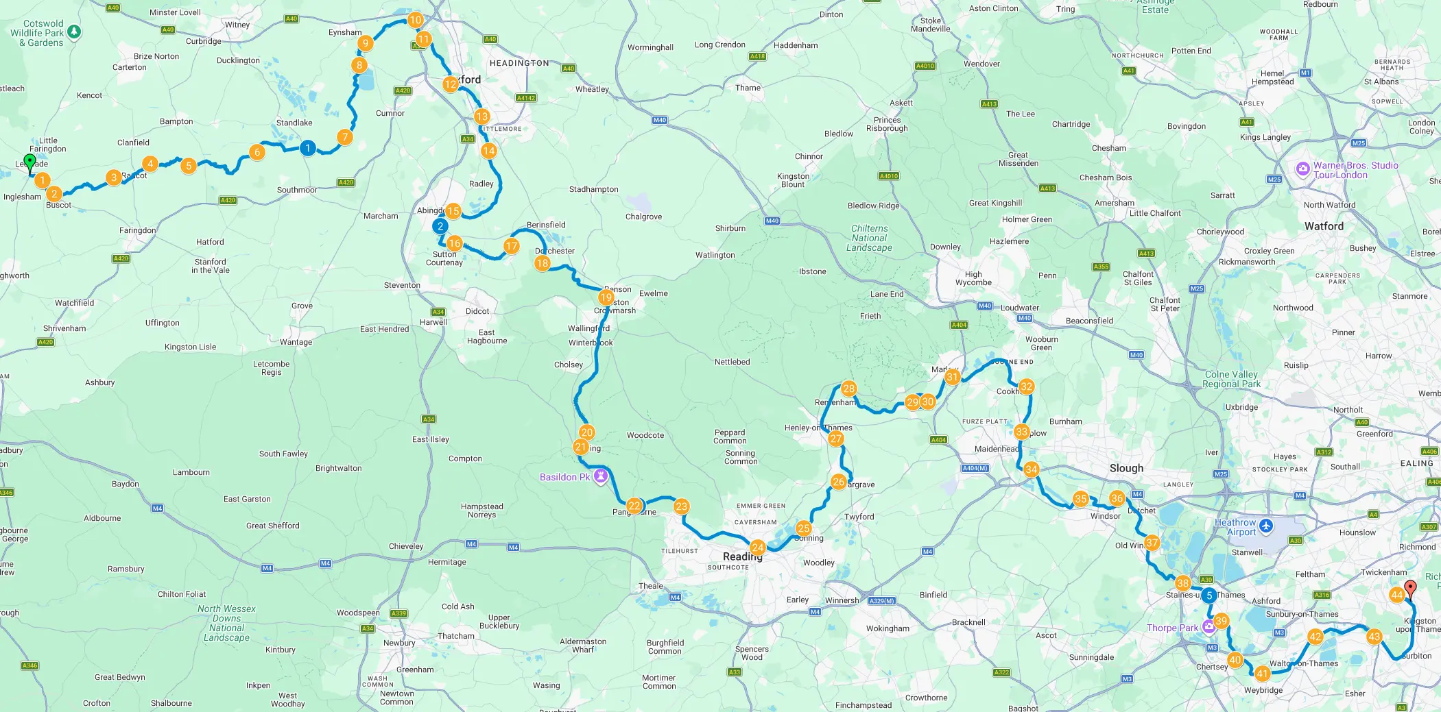 Route of the Thames 200 Ultra showing the location of portages.