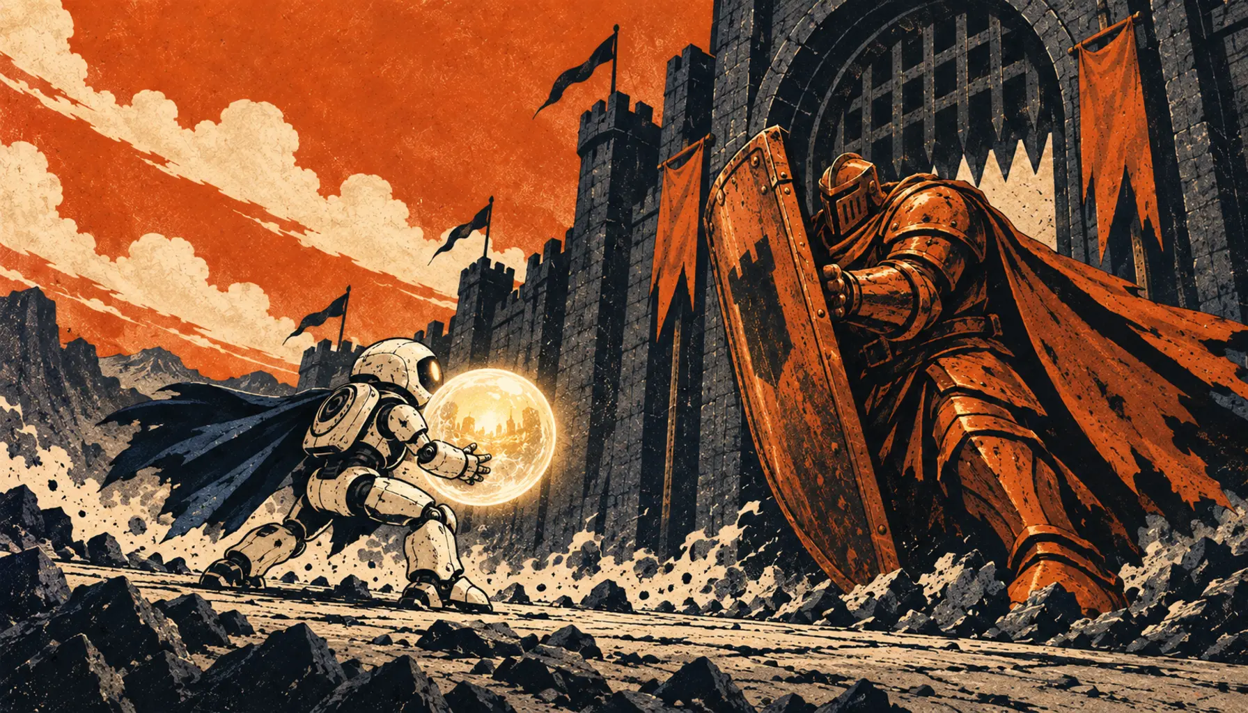 A white robot holding a glowing sphere faces a towering copper-armoured guard at a fortress gate.