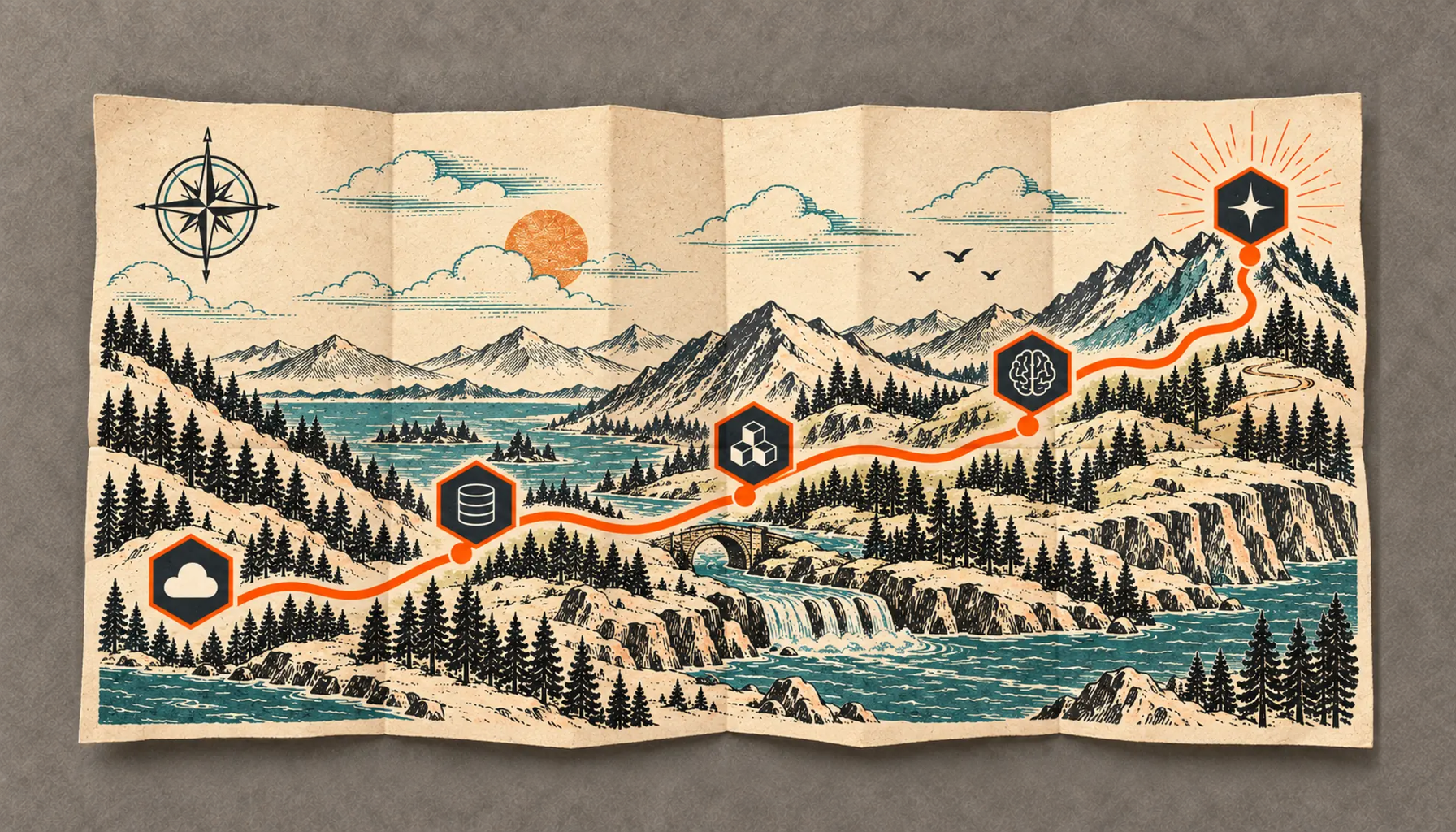 An illustrated mountain map with an orange route linking five hexagonal badges for cloud, data, architecture, machine learning and generative AI.