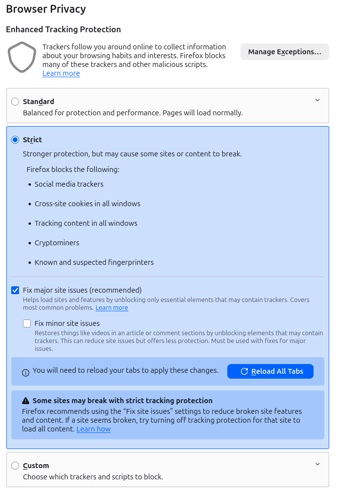 Dialog for selecting ETP
(Enhanced Tracking Protection) level in Firefox.