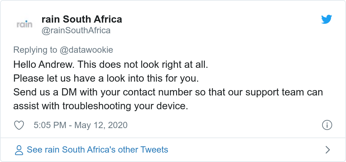 Tweet about poor bandwidth provided by Rain.