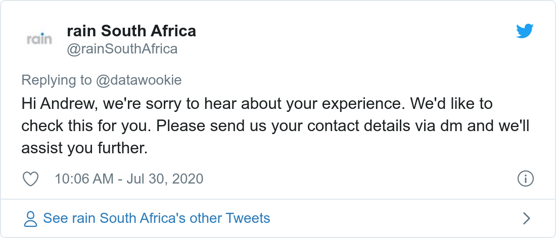 Tweet about poor bandwidth provided by Rain.