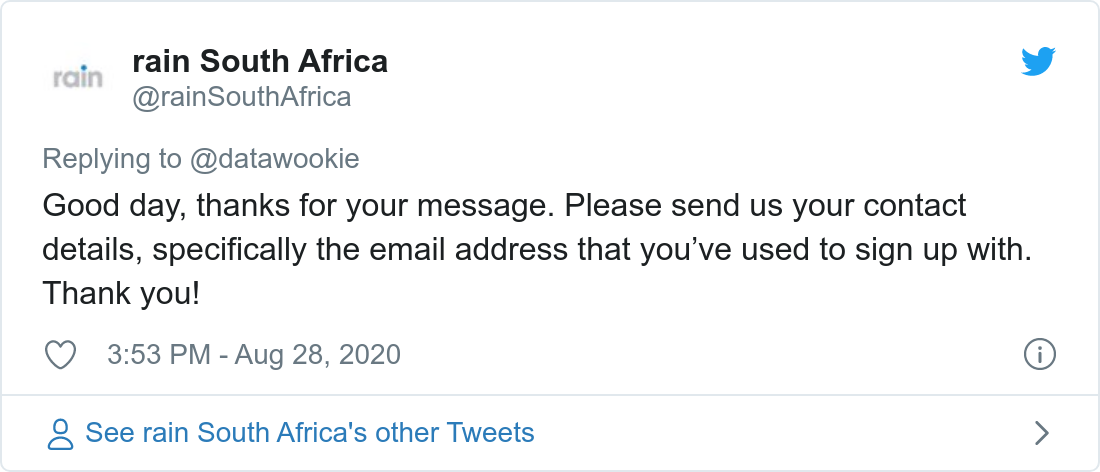 Tweet about poor bandwidth provided by Rain.