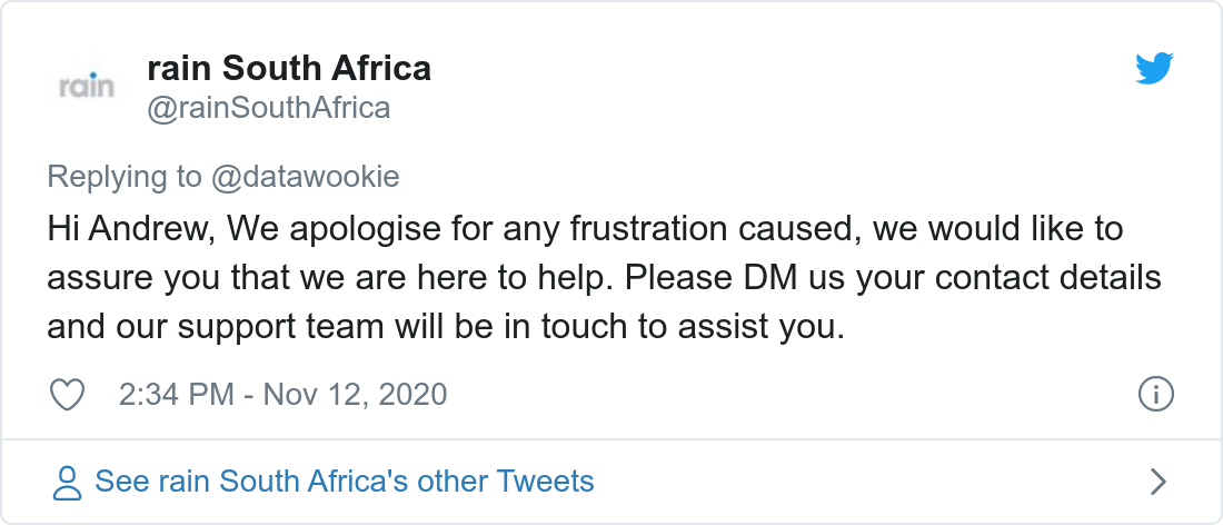 Tweet about poor bandwidth provided by Rain.