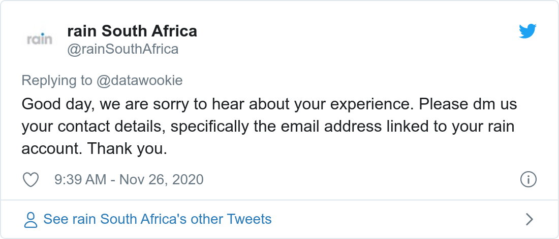 Tweet about poor bandwidth provided by Rain.