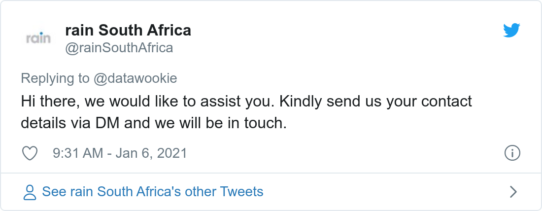 Tweet about poor bandwidth provided by Rain.