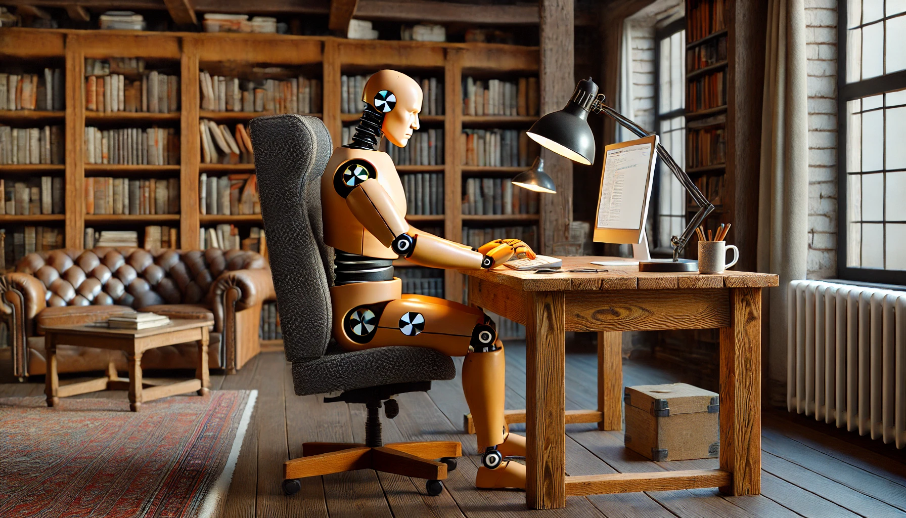 A crash test dummy sitting at a computer in a cosy study.