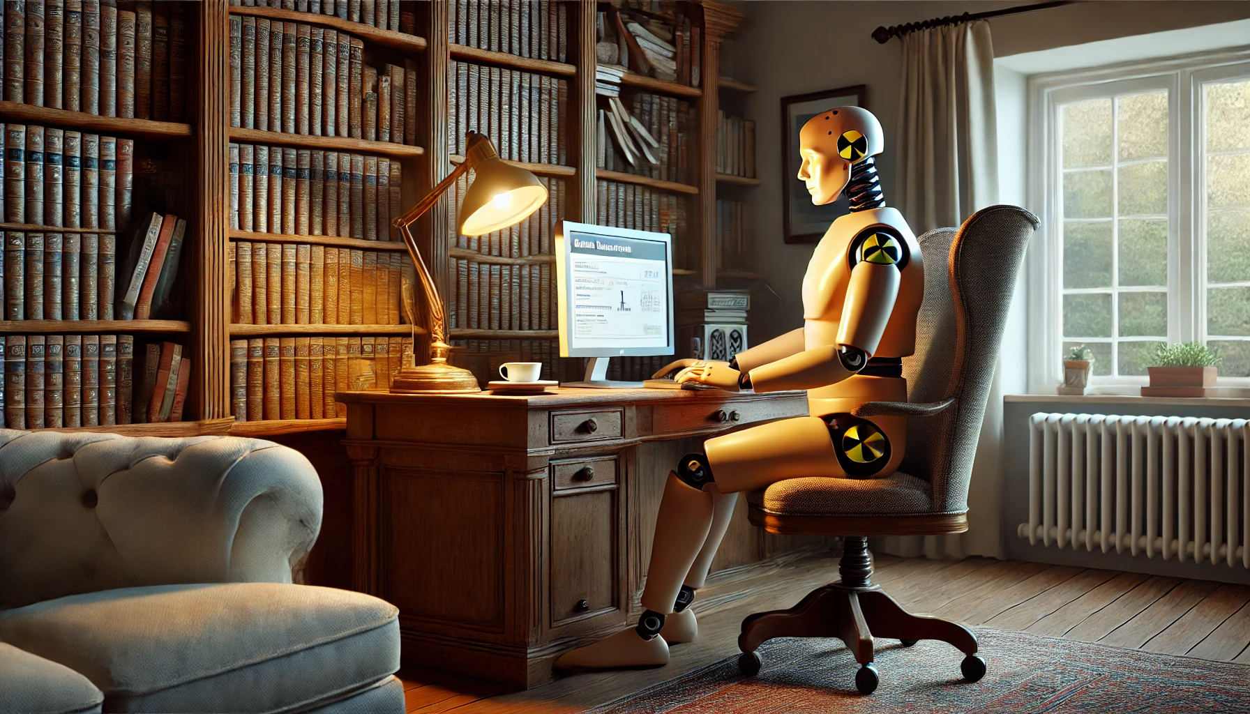 A crash test dummy sitting at a computer in a cosy study.