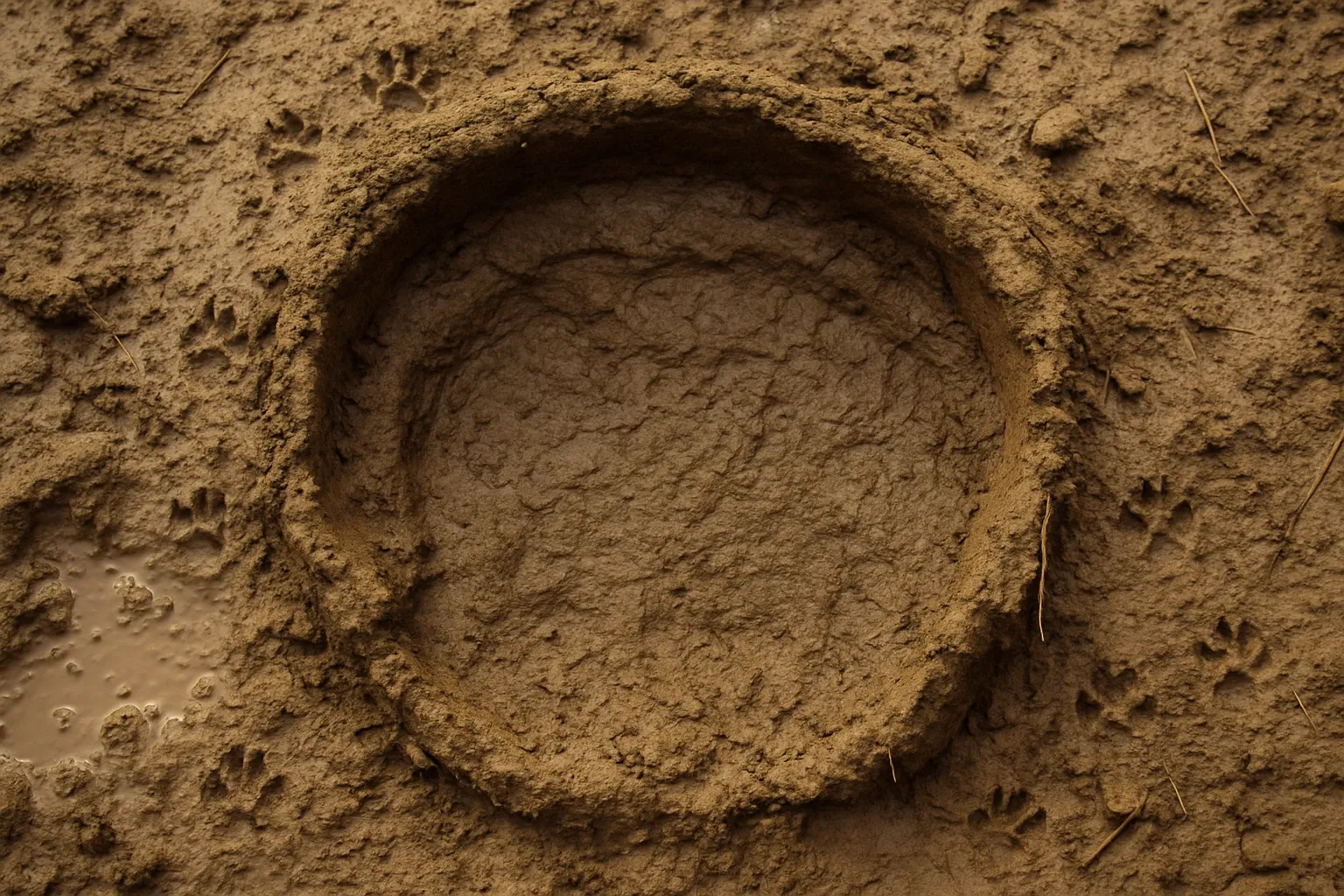 An elephant footprint in muddy ground with footprints of smaller animals.