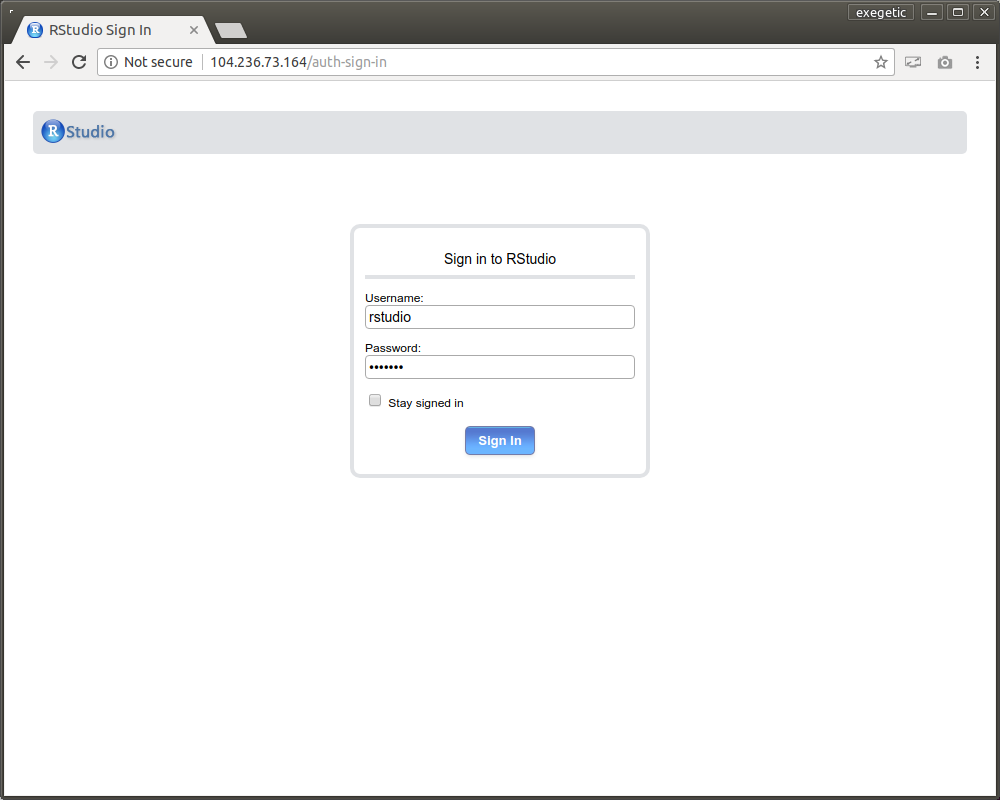 RStudio server login page.